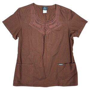 Women's BABY PHAT Scrub Top Workwear Shirt Brown‎ w/Lace- Size L